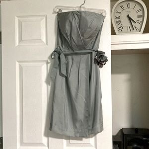 Great Condition Sage/Silver 100% Silk Strapless Cocktail Dress Floral Belt/Sash